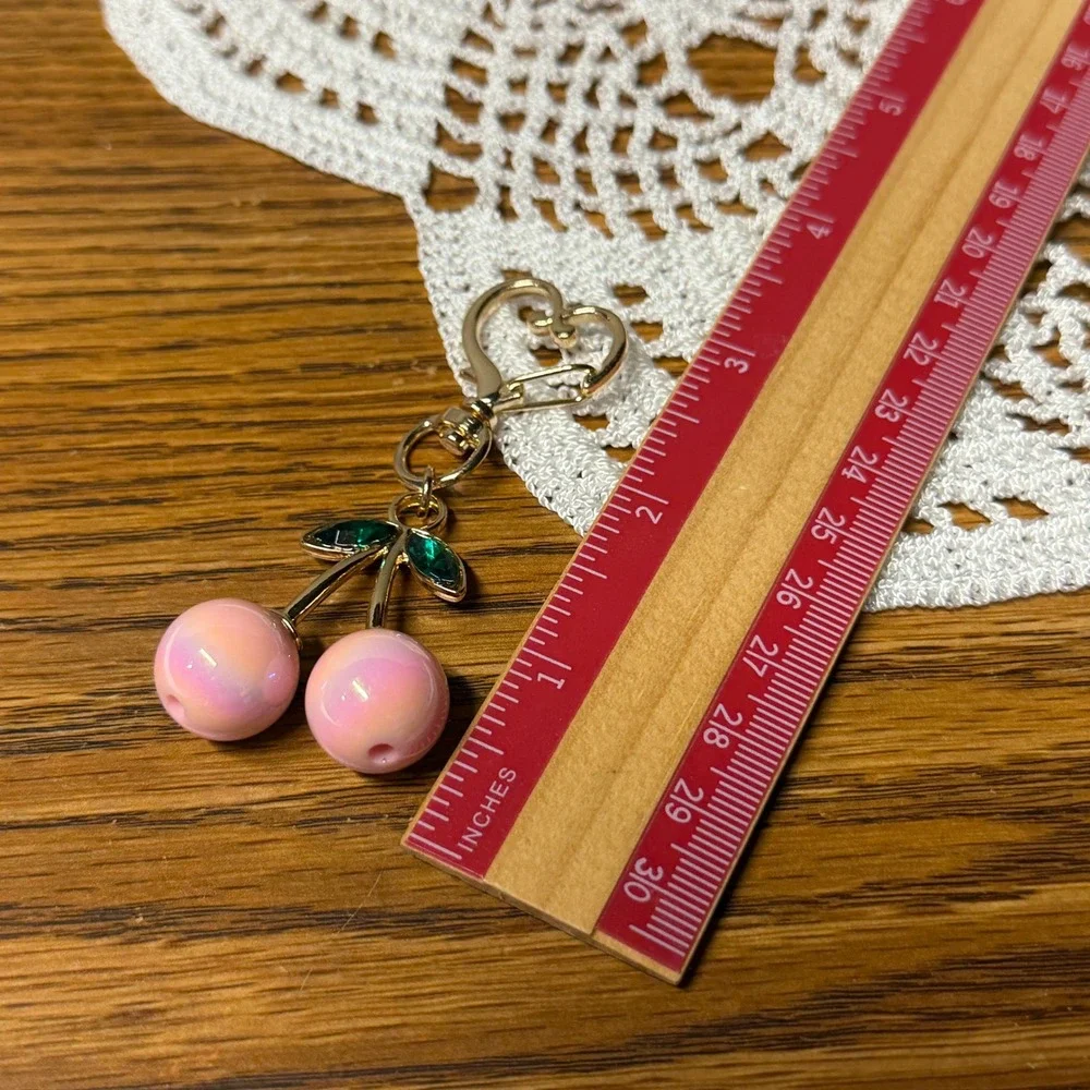 Pink Iridescent Cherry Bag Charm Gold Heart Clasp Keychain Coquette Accessory